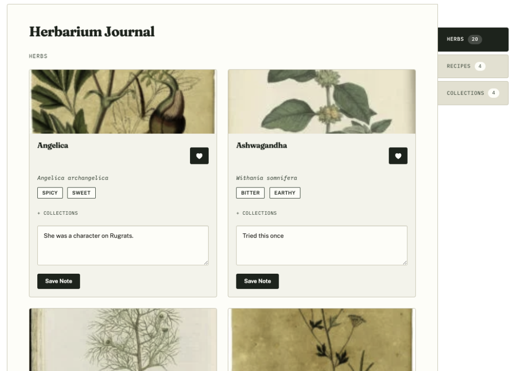 The Herbarium Journal, with saved items by type