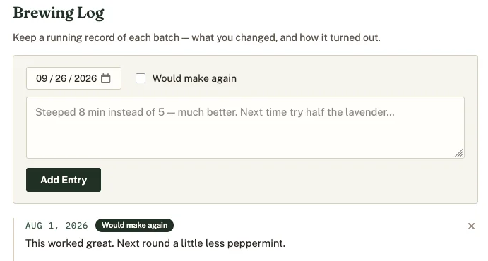 The Brewing Log, with dated entries and notes